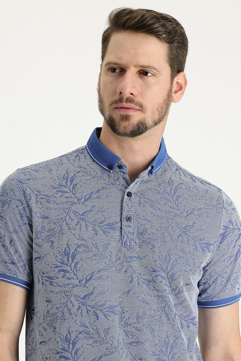 Navy Blue Polo Collar Regular Fit Patterned T-shirt