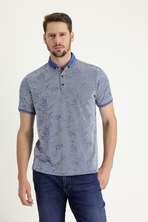 Navy Blue Polo Collar Regular Fit Patterned T-shirt