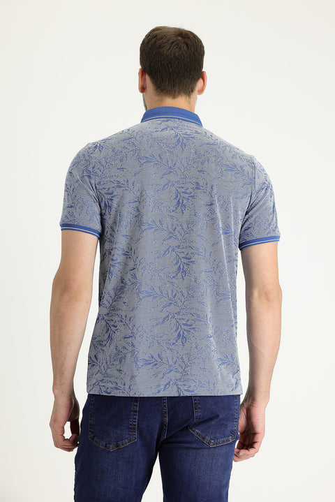 Navy Blue Polo Collar Regular Fit Patterned T-shirt