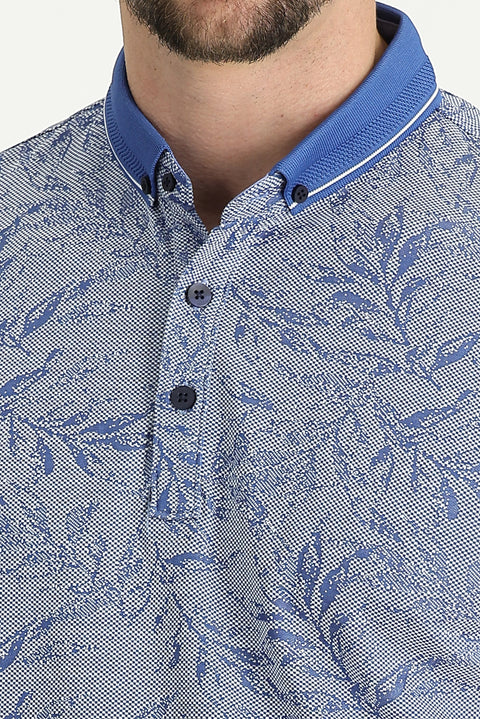 Navy Blue Polo Collar Regular Fit Patterned T-shirt