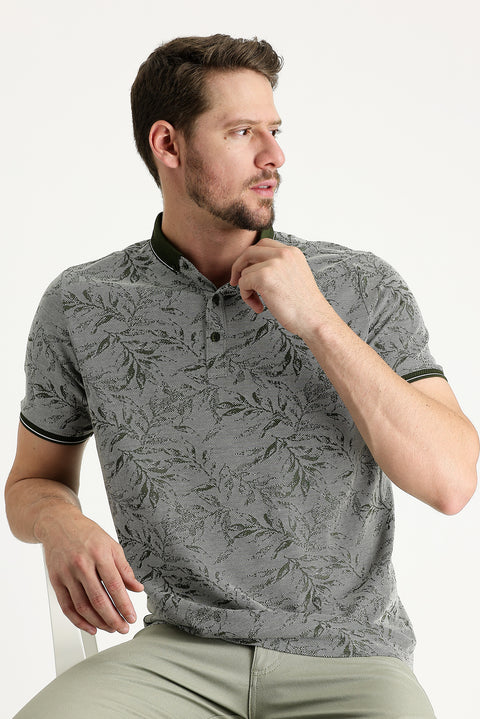 Medium Khaki Polo Collar Regular Fit Patterned T-shirt
