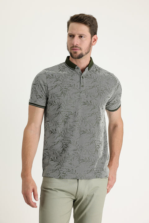 Medium Khaki Polo Collar Regular Fit Patterned T-shirt