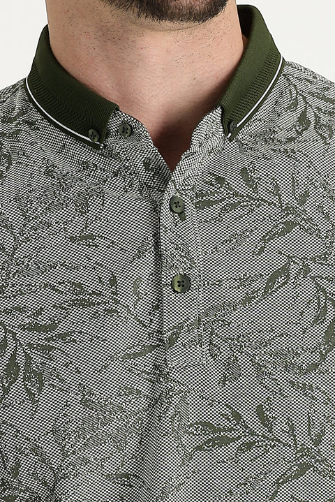 Medium Khaki Polo Collar Regular Fit Patterned T-shirt