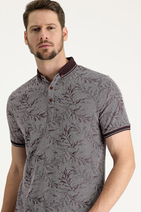 Plum-colored Polo Collar Regular Fit Patterned T-shirt