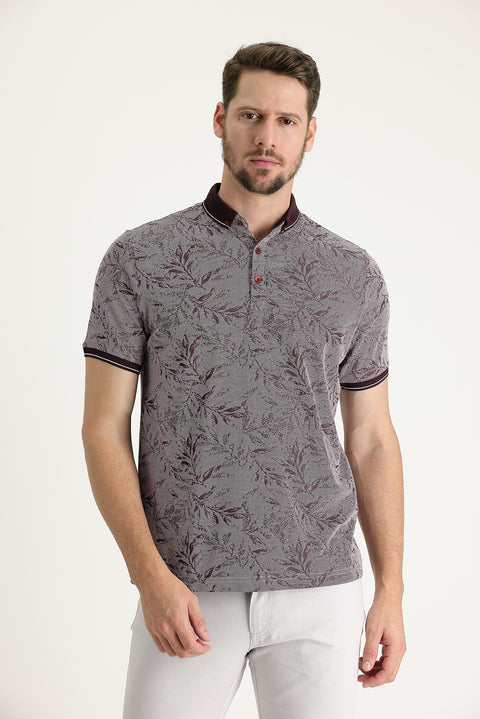 Plum-colored Polo Collar Regular Fit Patterned T-shirt