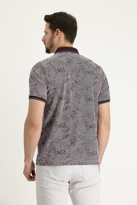 Plum-colored Polo Collar Regular Fit Patterned T-shirt