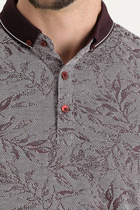 Plum-colored Polo Collar Regular Fit Patterned T-shirt