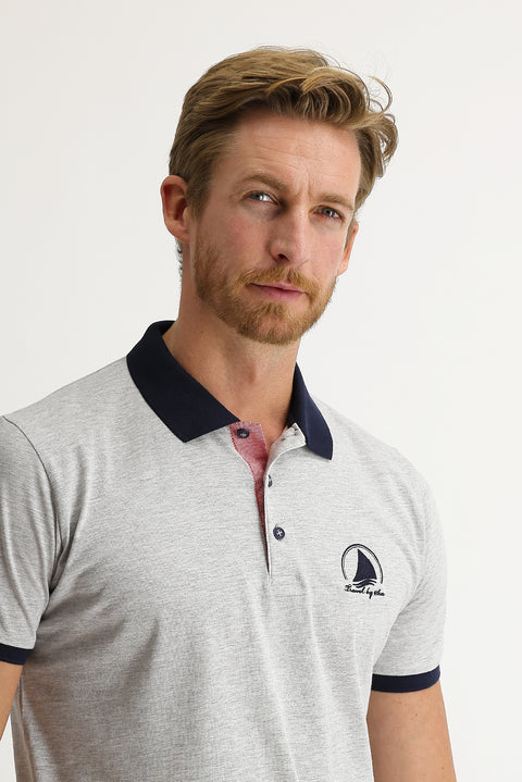 Light Grey Melange Polo Collar Slim Fit Patterned T-shirt