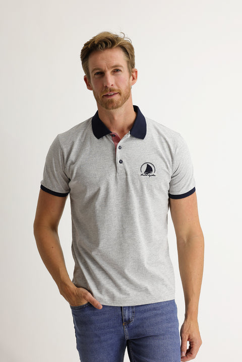 Light Grey Melange Polo Collar Slim Fit Patterned T-shirt
