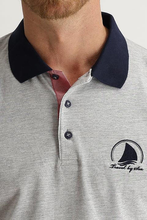 Light Grey Melange Polo Collar Slim Fit Patterned T-shirt
