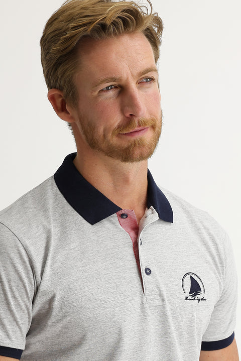 Light Grey Melange Polo Collar Slim Fit Patterned T-shirt