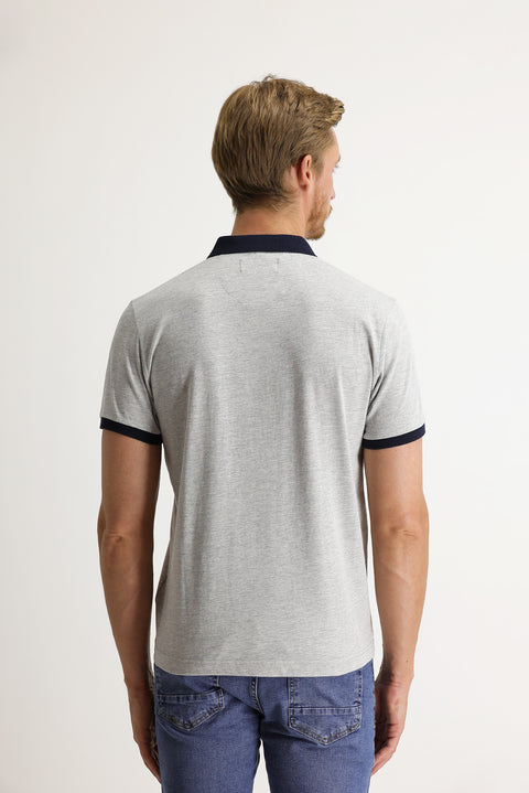 Light Grey Melange Polo Collar Slim Fit Patterned T-shirt