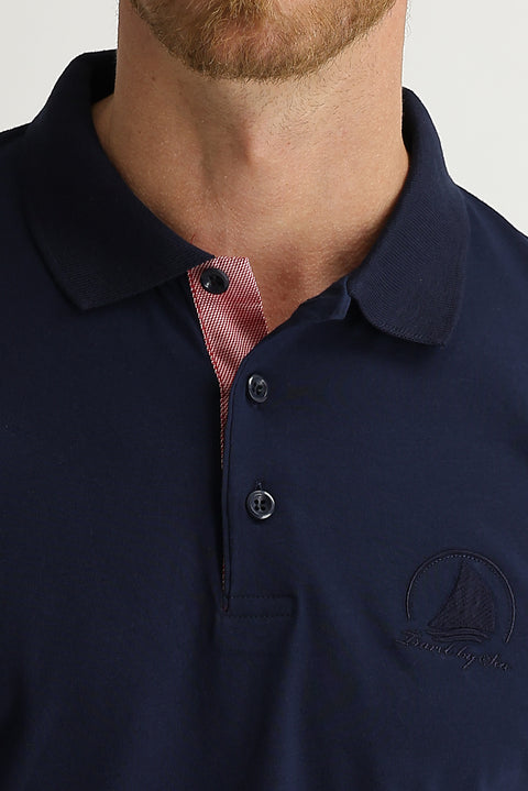 Medium Navy Polo Collar Slim Fit Patterned T-shirt