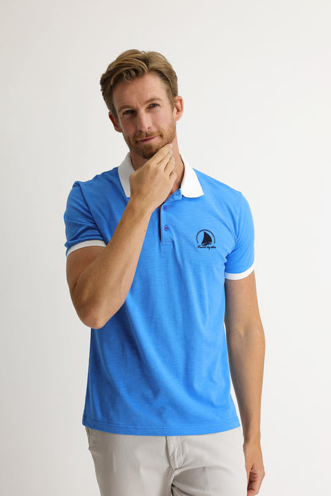 Light Blue Polo Collar Slim Fit Patterned T-shirt