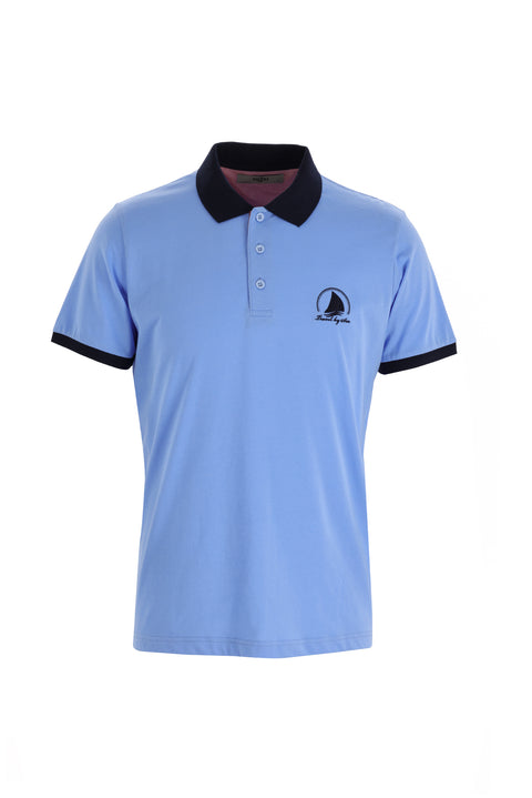 Blue Polo Collar Slim Fit Patterned T-shirt