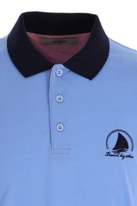 Blue Polo Collar Slim Fit Patterned T-shirt