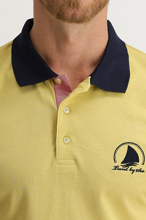 Medium Beige Polo Collar Slim Fit Patterned T-shirt