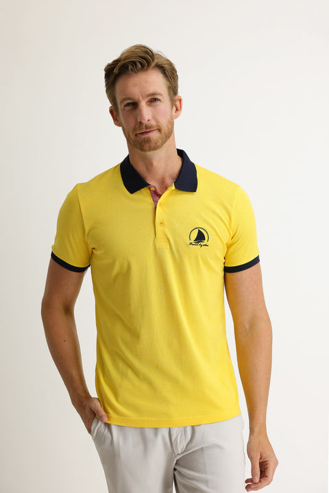 Light Yellow Polo Collar Slim Fit Patterned T-shirt