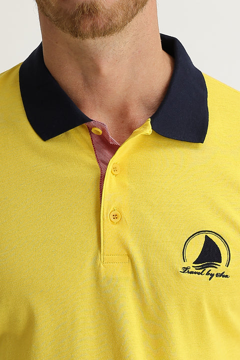 Light Yellow Polo Collar Slim Fit Patterned T-shirt