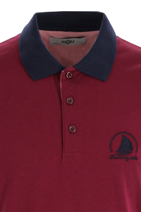 Dark Burgundy Polo Collar Slim Fit Patterned T-shirt