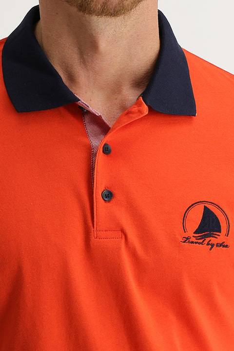 Medium Orange Polo Collar Slim Fit Patterned T-shirt