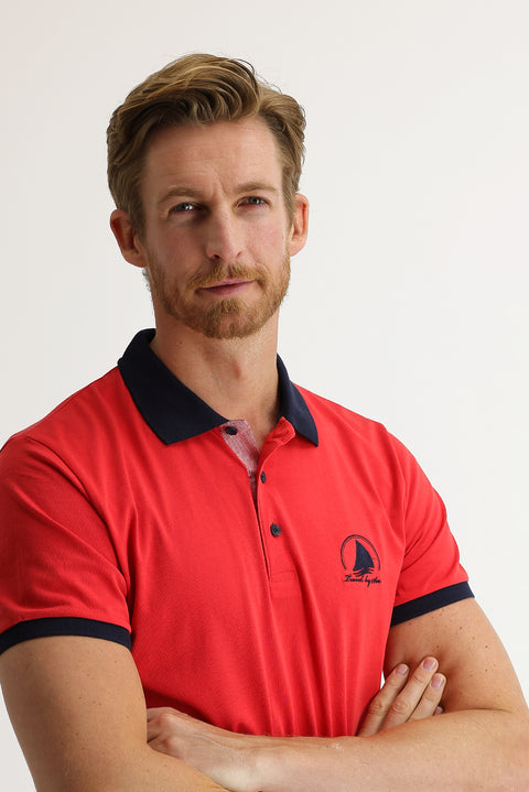 Dark Pomegranate Blossom Polo Collar Slim Fit Narrow Cut Patterned T-shirt