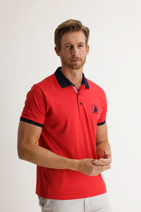Dark Pomegranate Blossom Polo Collar Slim Fit Narrow Cut Patterned T-shirt