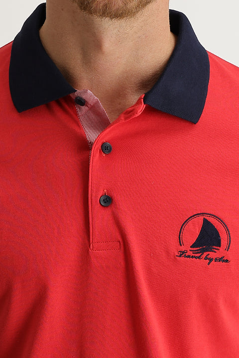 Dark Pomegranate Blossom Polo Collar Slim Fit Narrow Cut Patterned T-shirt