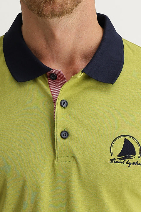Olive Green Polo Collar Slim Fit Patterned T-shirt