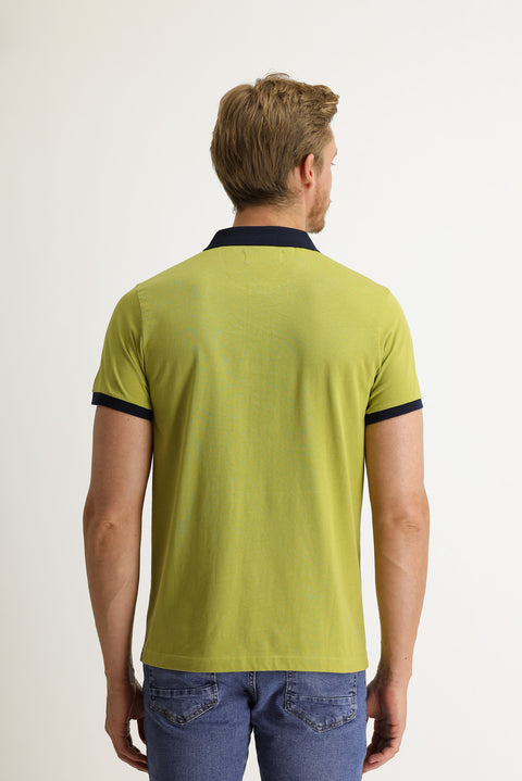 Olive Green Polo Collar Slim Fit Patterned T-shirt