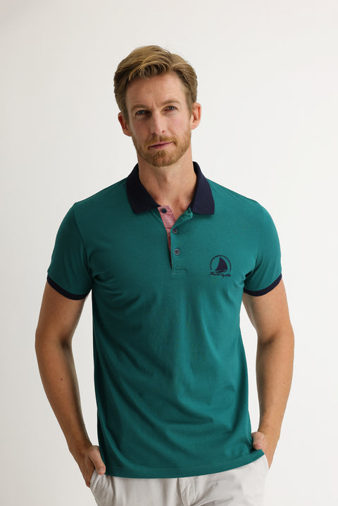 Dark Green Polo Collar Slim Fit Patterned T-shirt