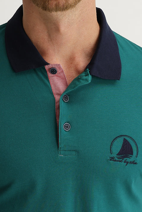 Dark Green Polo Collar Slim Fit Patterned T-shirt