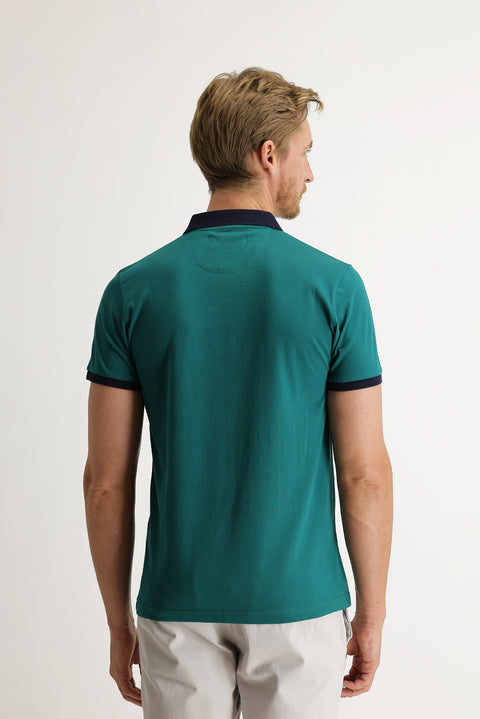 Dark Green Polo Collar Slim Fit Patterned T-shirt