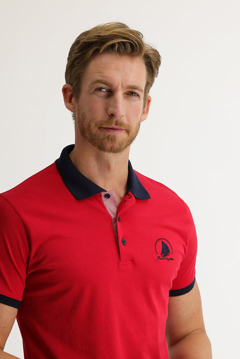 Dark Red Polo Collar Slim Fit Patterned T-shirt