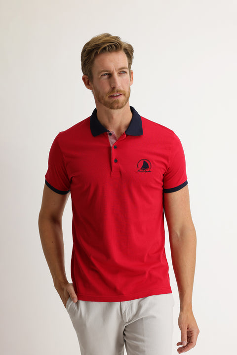 Dark Red Polo Collar Slim Fit Patterned T-shirt