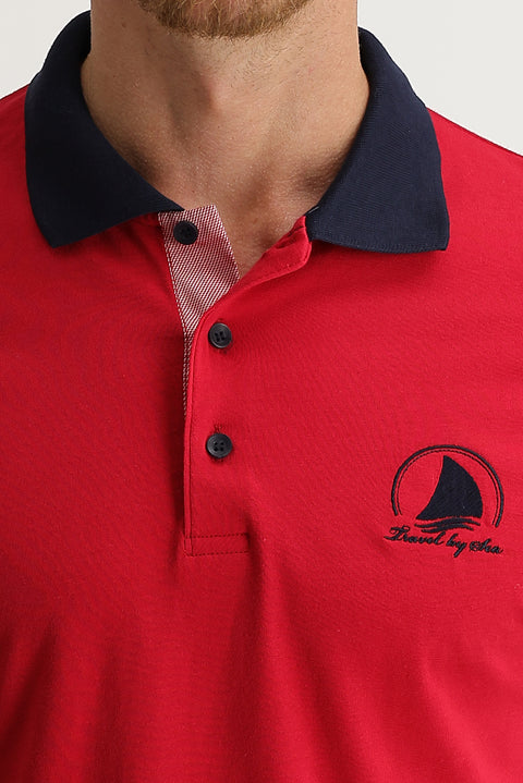 Dark Red Polo Collar Slim Fit Patterned T-shirt