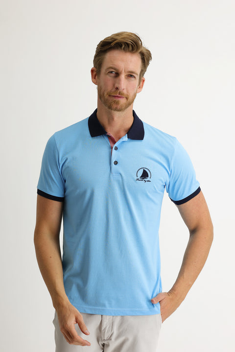 Medium Turquoise Polo Collar Slim Fit Patterned T-shirt