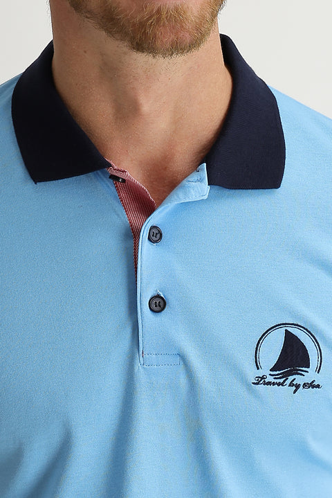 Medium Turquoise Polo Collar Slim Fit Patterned T-shirt