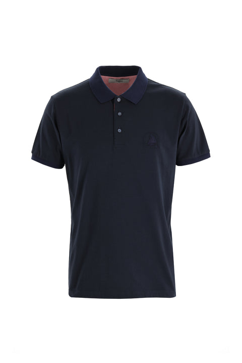 Black Polo Collar Slim Fit Patterned Cotton T-shirt