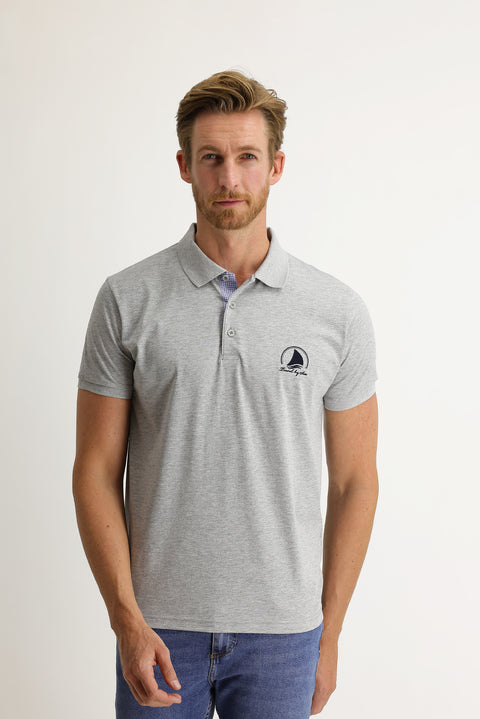 Medium Grey Polo Collar Slim Fit Patterned Cotton T-shirt