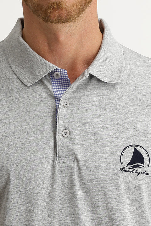 Medium Grey Polo Collar Slim Fit Patterned Cotton T-shirt