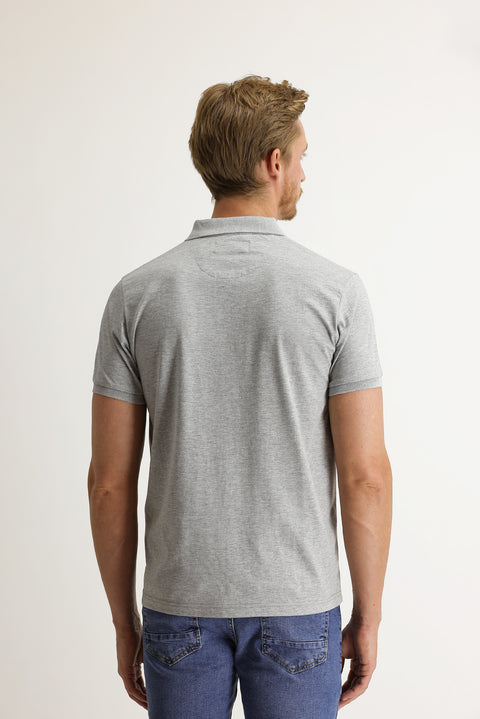Medium Grey Polo Collar Slim Fit Patterned Cotton T-shirt