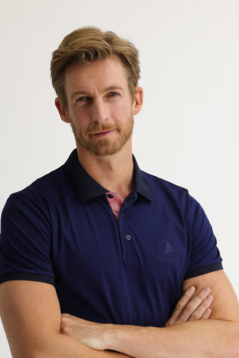 Light Navy Blue Polo Collar Slim Fit Patterned Cotton T-shirt
