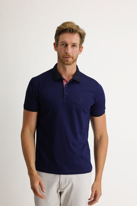 Light Navy Blue Polo Collar Slim Fit Patterned Cotton T-shirt