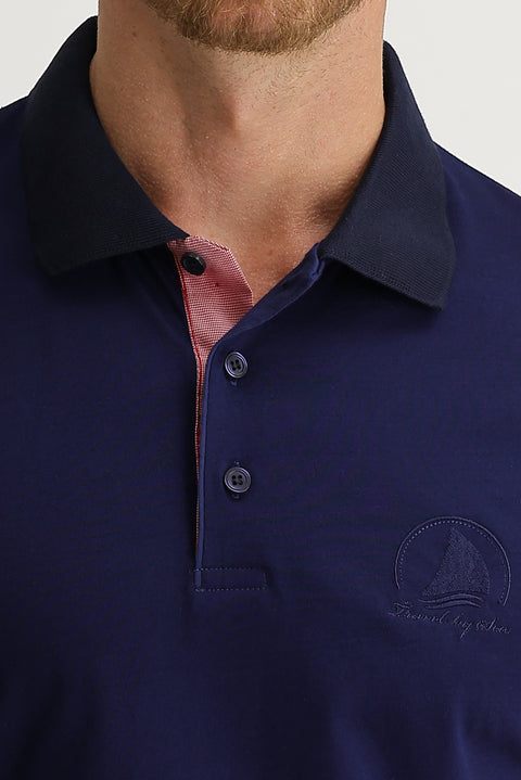 Light Navy Blue Polo Collar Slim Fit Patterned Cotton T-shirt