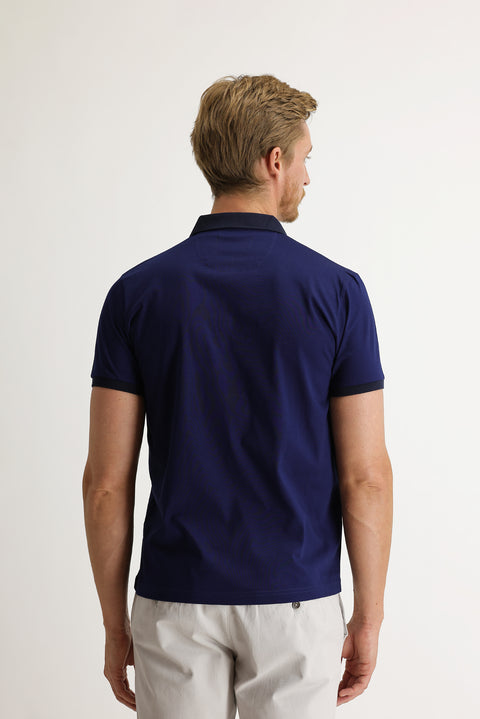 Light Navy Blue Polo Collar Slim Fit Patterned Cotton T-shirt