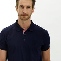 Medium Navy Polo Collar Slim Fit Narrow Cut Patterned Cotton T-shirt
