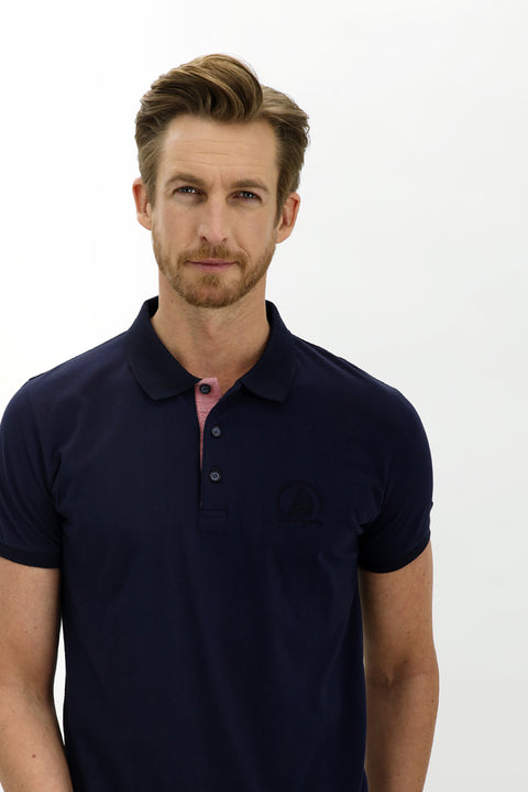 Medium Navy Polo Collar Slim Fit Narrow Cut Patterned Cotton T-shirt