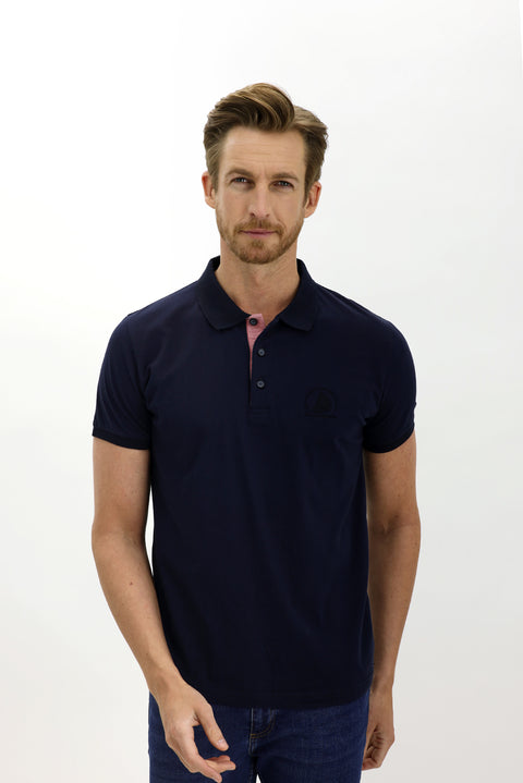 Medium Navy Polo Collar Slim Fit Narrow Cut Patterned Cotton T-shirt