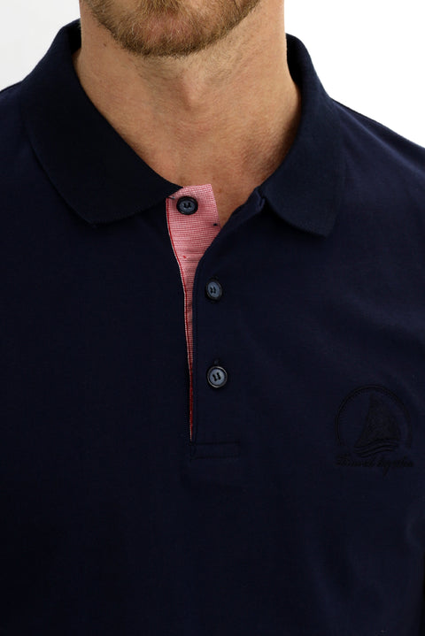 Medium Navy Polo Collar Slim Fit Narrow Cut Patterned Cotton T-shirt